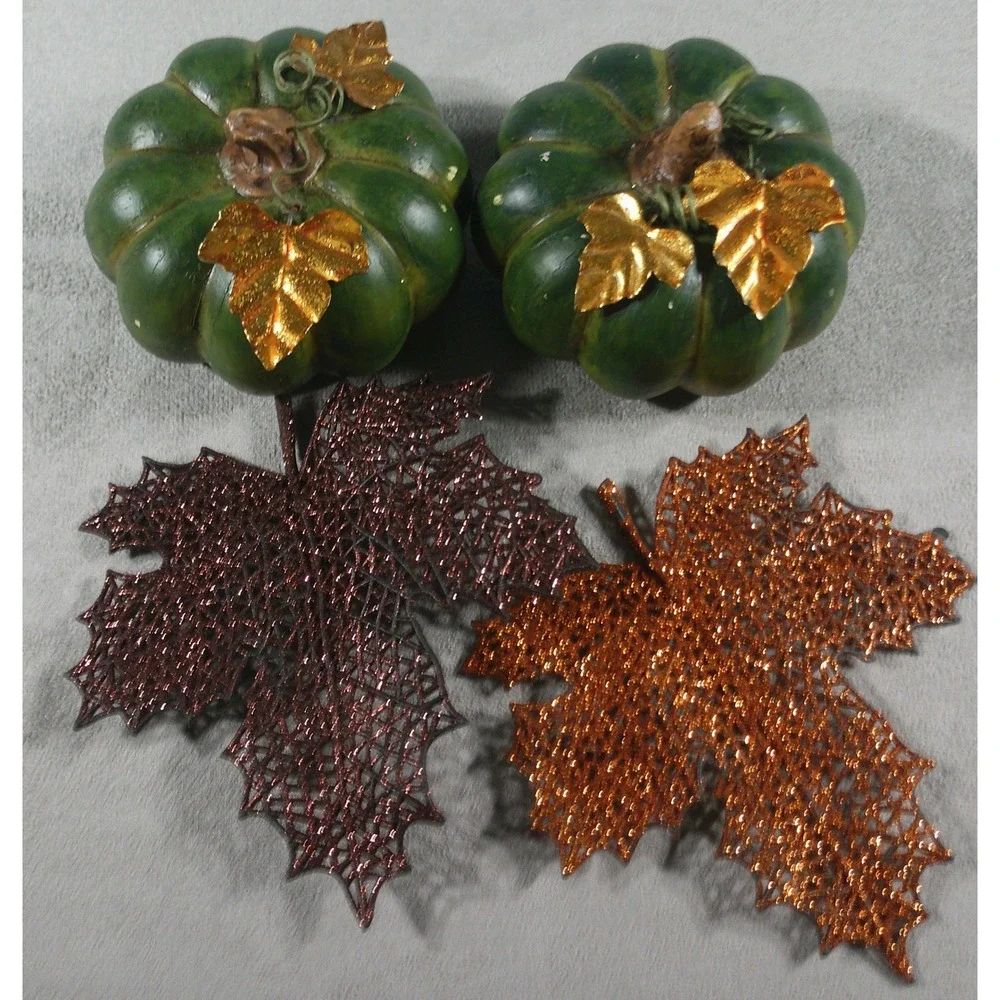 Green Resin Pumpkins and Glitter Mesh Leaf Clips Fall Harvest Decor Set of 4
